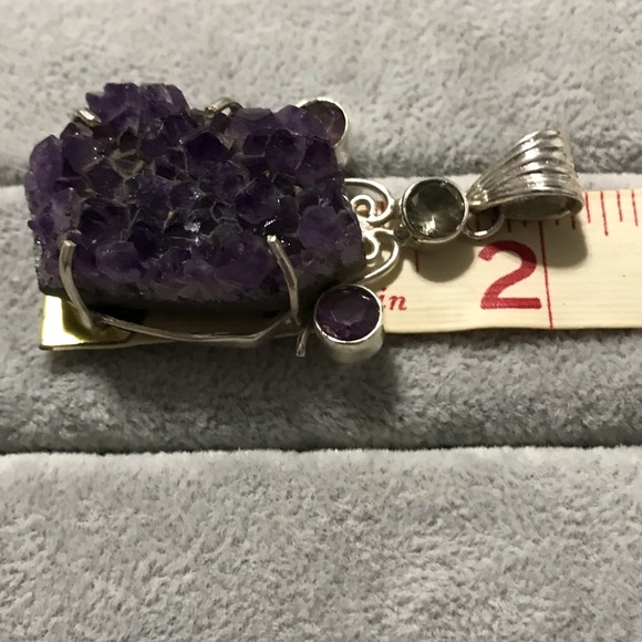New Sterling Silver Large Purple Amethyst Druzy Pendant Green Accent Crystal Gem - Picture 7 of 14